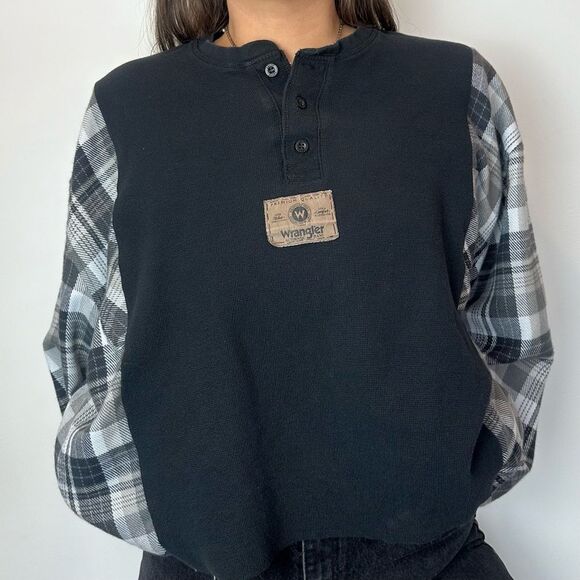 Reworked Wrangler Long Sleeve Mid Crop Baggy Relaxed Fall Flannel Shirt Top - Picture 3 of 4